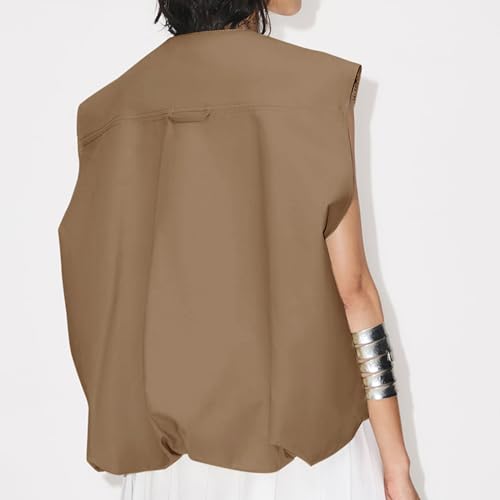 Acrawnni Cargoweste für Damen, übergroße Größe, lässig, ärmellos, lockere Passform, durchgehender Reißverschluss, gerüschter Saum, Blazerjacke, Weste mit Taschen, A-camel, M