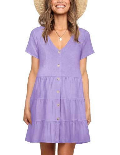 Image of Nova In Sky Women's Summer Dresses 2026 Short Sleeve V-Neck Casual Loose Swing Button Down Casual T Shirt Dresses