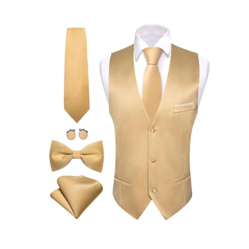 Hgvcfcv Men Gold Solid Silk Satin Waistcoat Bowtie Tie Set Sleeveless Jacket Wedding Formal Male Gilet Suit