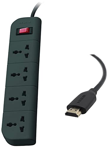 Image of Belkin Essential Series 4-Socket Surge Protector Universal Socket with 5ft Heavy Duty Cable (Grey) & 3D, 4K, 1080p, Gold Plated Audio Return High Speed HDMI Cable Supports Ethernet