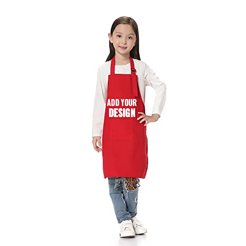 TopTie Custom Print Kids Aprons with Pocket & Adjustable Strap, Child Chef Bib Apron for Kitchen Cooking Baking Painting-Red-L