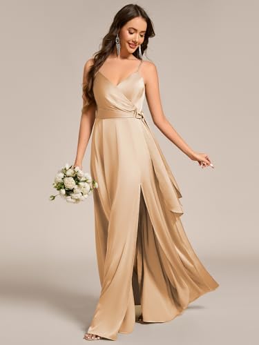 Image of Ever-Pretty Women's Sexy Spaghetti Straps Ruched V Neck Floor Length Satin Formal Dress with Slit 02317