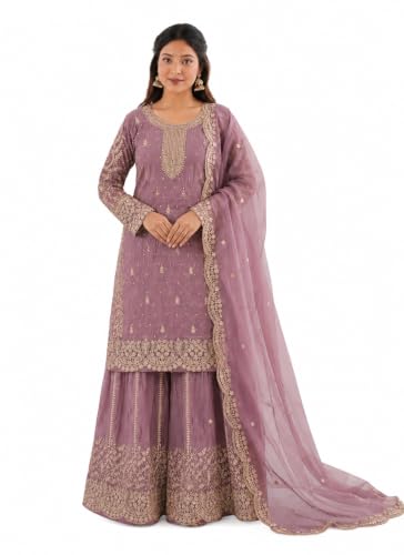 Image of Women's Ethnic Plazzo Suit Set with Kurta & Dupatta | Fendy Fabric Embroidered Kurta Set | Round Neck 3 /4 Sleeve Dress | Elegant Outfit