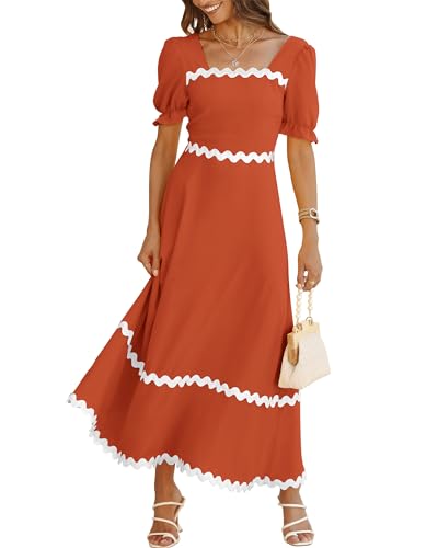 BTFBM Women 2025 Summer Square Neck Short Puff Sleeve Dress Casual RIic Rac Tie Back Smocked Wedding Guest Maxi Dresses