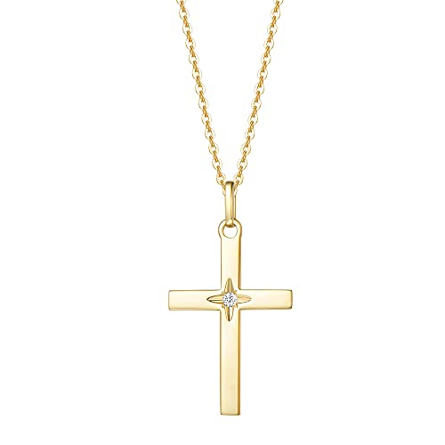 Fancime 14K Solid Real Yellow Gold Star Natural Diamond 0.025Ct Cross Crucifix Delicate Necklace Dainty Pendant Fine Jewelry Birthday Gifts For Women Girls, With 16+2" Solid Gold Cable Chain #TOP30