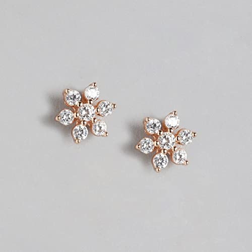 ZAVYA 925 Sterling Silver Cubic Zirconia CZ Designer Floral Star Rose Gold Plated Stud Earrings | With Certificate of Authenticity & 925 Hallmark | Gift for Women & Girls