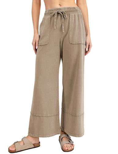 APAFES Womens Wide Leg Palazzo Pants Casual Loose Drawstring Elastic Waisted Lounge Trousers with Pockets