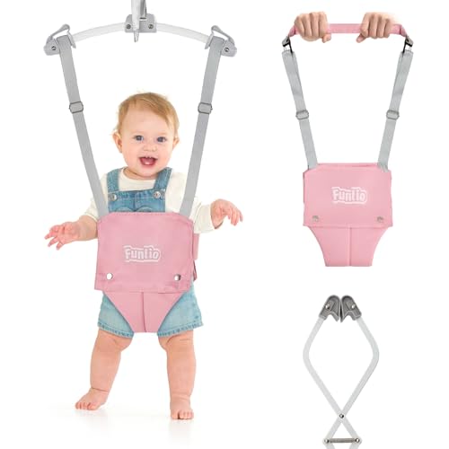 FUNLIO Saltador 2 en 1 con Abrazadera y Arnés para Bebés (6-24 Meses). Resortes Fuertes y Correa Ajustable, Fácil de Montar y Guardar - Rosa
