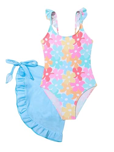 Tween Girl Leopard/Floral Print One Piece Swimsuit with Ruffle Trim & Cover Up Skirt 2 Piece Swimwear Set