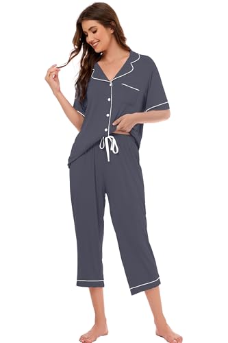 Image of LUBOT Womens Bamboo Viscose Pajamas for Women PJ Set 2 Piece Cooling Soft Short Sleeve Capri Pants Summer Sleepwear Set S-XXL