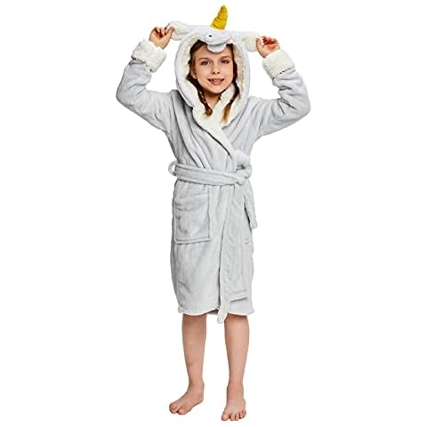 Newcosplay Unisex Kids Animals Plush Soft Unicorn Hooded Bathrobe (Grey Unicorn, 11-12 Years) Cover