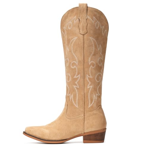 Image of Suede Cowboy Boots for Women Knee High Western Cowgirl Boots | Pointed Toe Low Heel Classic Embroidered Boot