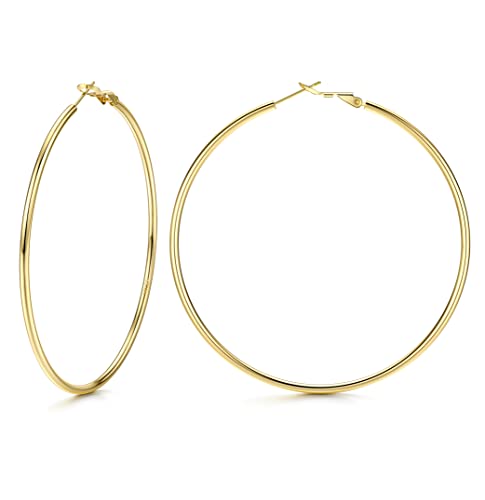 FASACCO Pendientes de aro grandes chapados en oro de 14 quilates para mujer, aretes de aro grandes de oro fino con poste de plata de ley 925, metal, latón, Metal, latón