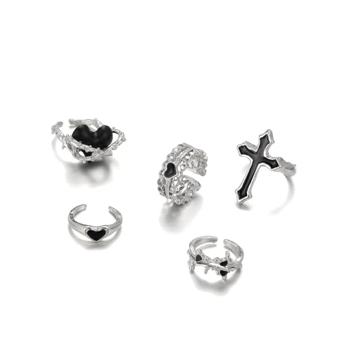 YOOESTORES82 Vintage Silver Black Heart Cross Stacking Rings for Women,Punk Chunky Love Open Knuckle Rings for Women Y2k Jewelry (Sliver)
