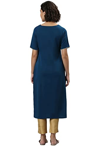 Image of Janasya Women's Teal Gold Printed Poly Crepe Kurta
