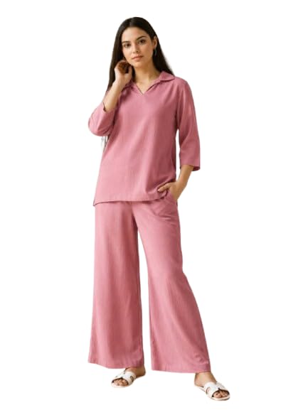 Women's Co Ord Set for Women with Collared V-Neck Top and Wide Leg Palazzo Pants - 2 Piece Matching Lounge Wear Set with 3/4 Sleeves, Relaxed Fit Outfit for Casual Wear, Travel, Office and Home-image-32