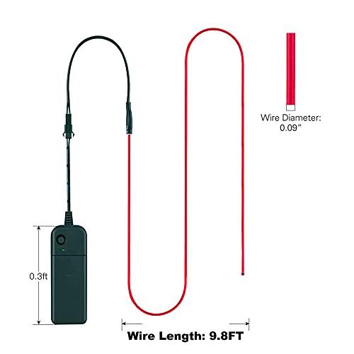 Image of MaxLax EL Wire Red, 9.8ft /3m Portable Battery Pack Neon Light Strip 360 Cuttable Glowing Rope Lights for Parties, Halloween, DIY Decoration