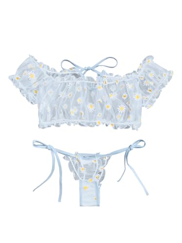 Image of Lilosy Sexy Stretch Ruffle Tie Sheer Mesh Lingerie Set Outfits 2 Piece Women Kawaii Cute See Through Matching Bra Panty Underwear Floral Light Blue Large