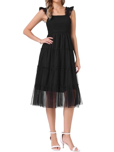 Image of Allegra K Women's Summer Midi Tulle Dress Sleeveless Smocked Square Neck Tiered Ruffled Wedding Guest Dress