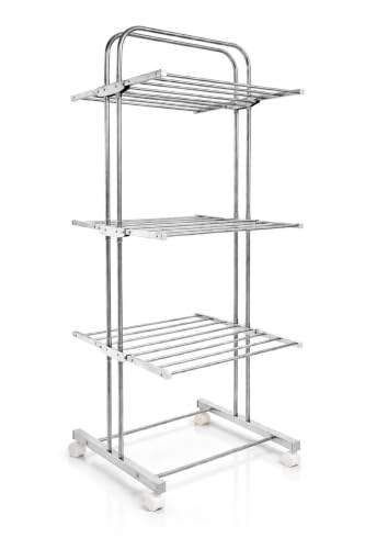 Image of KITCHIVO 3 Tier Rolling Clothes Drying Rack with Wheels, Stainless Steel Laundry Organizer and Garment Dryer Stand for Home, Balcony and Utility Room (3-Tier S.S)