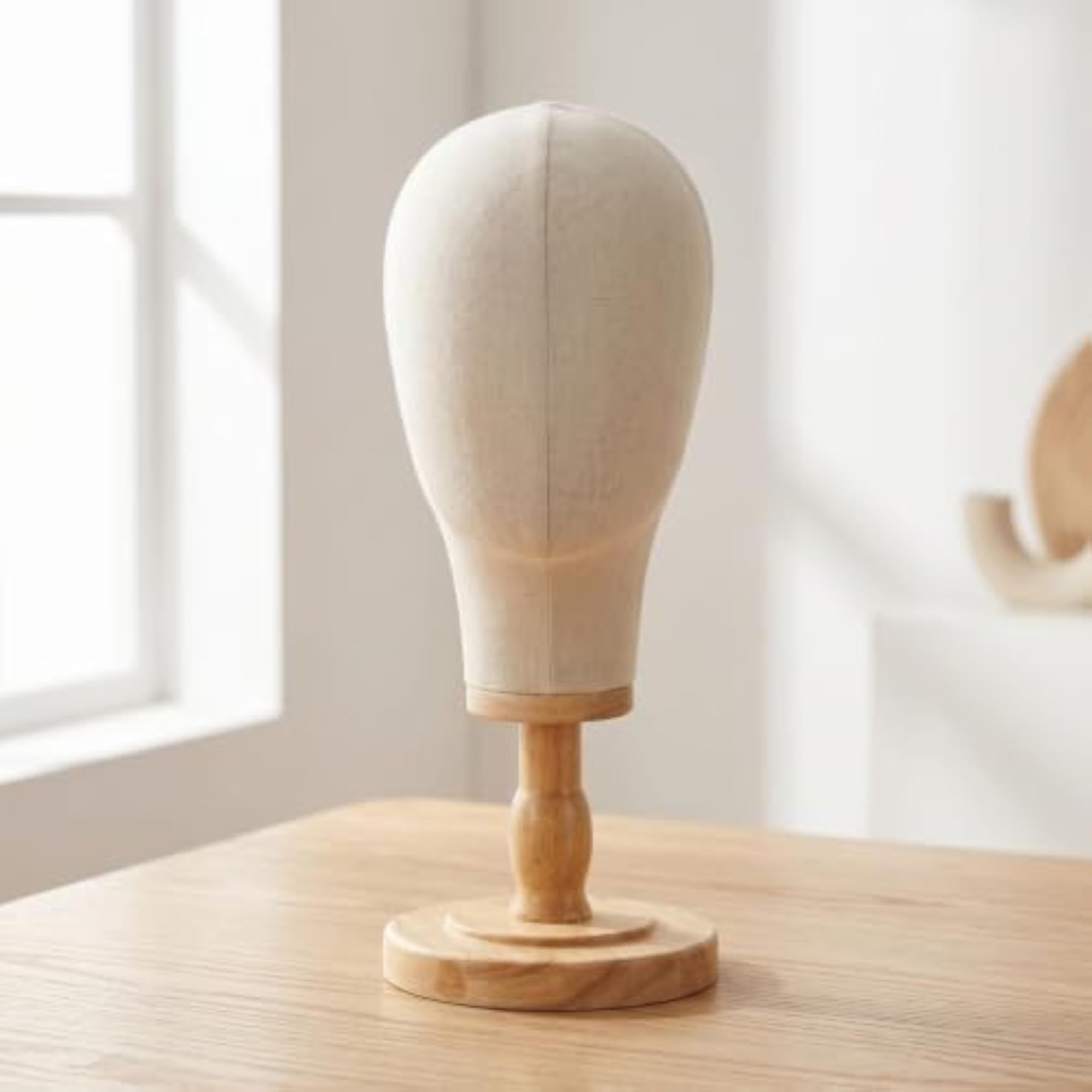 Linen-Covered Head with Wooden Base Tabletop Hat Stand