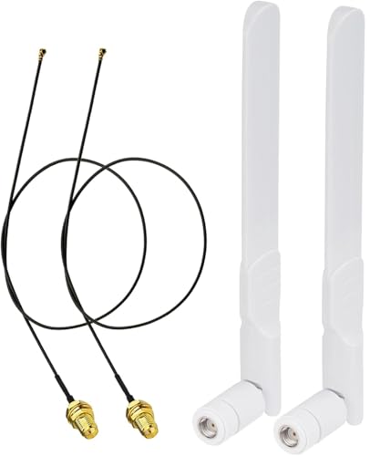 WiFiアンテナ 無線LAN アンテナ 6dBi 2.4GHz 5GHz 5.8GHz 高感度デュアルバンド 2本セット MHF4/IPEX4アンテナケーブル付き 可動式 (ホワイト)のサムネイル