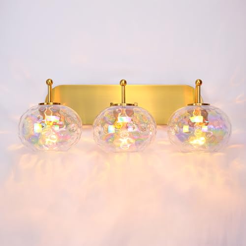 Image of 23 inch Brushed Gold Vanity Light Stained Hammered Glass Wall Sconce 3-Light Brass Wall Lamp for Hallway Living Room Stairwell Bathroom Over Mirror (Brass Gold, 3-Light)