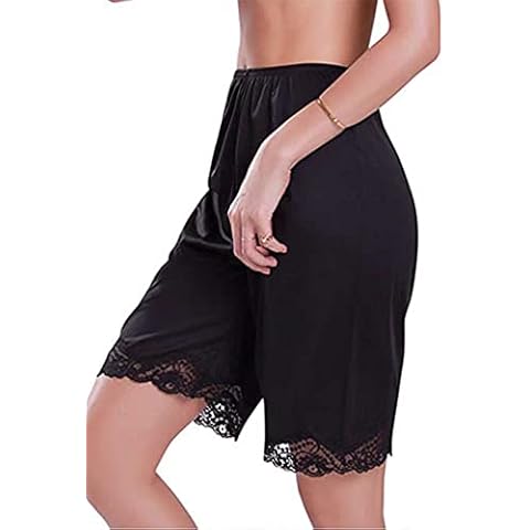 Women Loose Half Slip Shorts Loose Fit Lace Trim Pettipants Culotte Slip Bloomers Split Underwear Shorts (C-Black, M) Cover