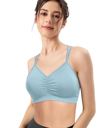Image of VEQKING Ruched Sports Bras for Women Large Bust, Seamless Yoga Bra, 3 Pack | Removable Padded, Strappy Criss Cross Back, Medium Support for Yoga, Pilates & Gym, Full Coverage, No Bounce, No Spillage