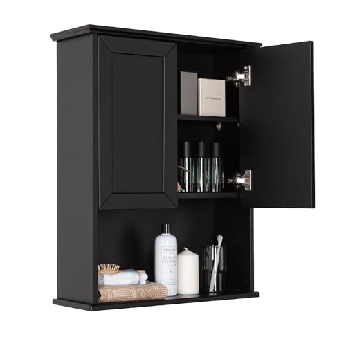VANIRROR Black Bathroom Wall Cabinet 23x29 inch Wooden Bathroom Medicine Cabinet with 2 Doors and Adjustable Shelf Wall Mounted Cabinet Over Toilet Storage Cabinet