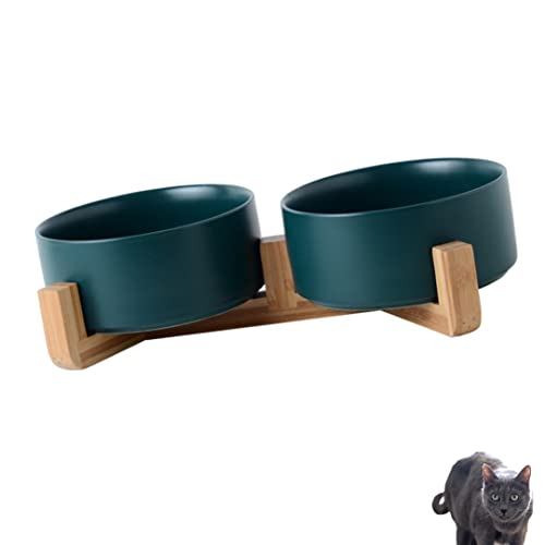 FIGARO CATS STORE - SET CIOTOLE CERAMICA E LEGNO PER GATTI: set di 2 ciotole in ceramica con stand in legno leggero, per cani o gatti (Verde)