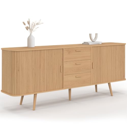IDMarket - Buffet 200 cm Romie XXL Effet Lattes 2 Portes coulissantes et 3 tiroirs