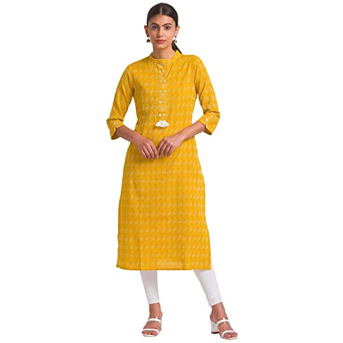 Image of Globus Women Green Woven Design Mandarin Collar Straight Kurta-3638025001