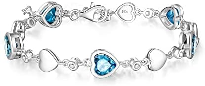 Carleen December Birthstone Bracelet 925 Sterling Silver Created Blue Topaz Bracelet for Women Heart Shape Station Tennis Bracelet Gemstone Jewelry for Girls Wife Mom