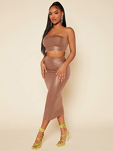 Verdusa Women's 2 Piece Outfit Pu Leather Crop Tube Top And Long Bodycon Skirt Sets Brown M #TOP2