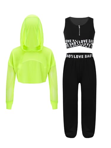 Miutii Conjunto de ropa de hip hop para niña, 3 piezas, camiseta de manga larga + sujetador deportivo + pantalones cargo calle dance traje de entrenamiento, Negro y verde fluorescente, 146-152