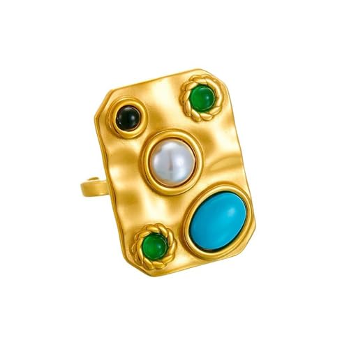 Izpack Gold Plated Geometric Statement Ring for Women Stainless Steel Gemstone Blue Turquoise Faux Pearl Square Adjustable Open Finger Bands Fashion Engagement Anniversary Rings Jewelry for Wife