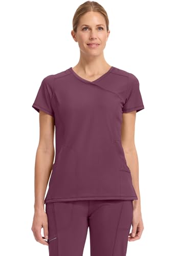 Cherokee Infinity Womens Mock Wrap Scrub Top, 4 Pockets, Rib-Knit Panel, Moisture-Wicking 360° Stretch - 2625A, S, Wine