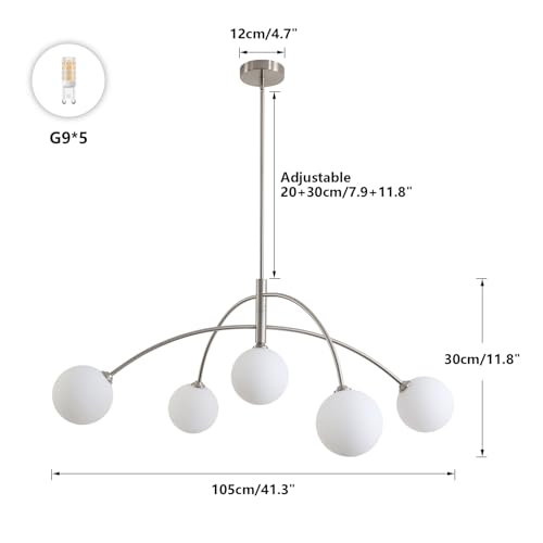 Image of Mid Century Modern Chandelier, 5 Light Silver Sputnik Light Fixture with White Glass Globe Shade, Adjustable Modern Sputnik Chandelier for Dining Room Kitchen Bedroom