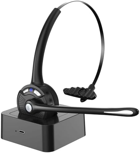 Caymuller Bluetooth Headset with Microphone, Wireless Noise Cancelling Headphones with Charging Base, Mute Button for Laptop, Skype, Call Center, Office, Trucker