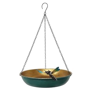 Hanging Birdbath Bird Feeder for Outdoor 11 Inch GreenBronze Cute Metal Bird Bath Bowl with Detachable Black Chain Metal Dragonfly Backyard Birdbath Garden Decor