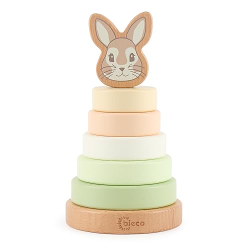 Bieco Hase Fine Stapelturm Baby Holz FSC® 19 cm Steckspiel ab 1 Jahr 7 tlg. Green Mix 10 x 10 x 18.5 cm