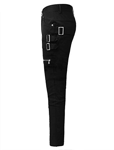 uxcell Men's Casual Slim Fit Punk Gothic Pockets Patch Buckle Zipper Pants Trousers2