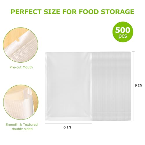 Image of Bonsenkitchen Precut Vacuum Sealer Bags, 500 Pint 6 inch x 9 inch Food Sealer Bags | Commercial Grade, Heavy Duty, Customized Size Vacuum Bags for Vac Storage, Meal Prep or Sous Vide Cooking
