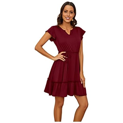 Ladybranch Womens Casual Dresses Summer Loose High Waist Ruffle Pleated Cute Dress(X-Large,Wine) Cover