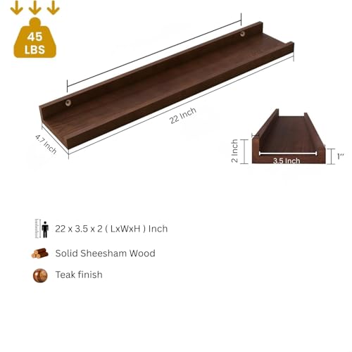 Image of Solid Wood Floating Wall Shelf | Premium Wall Mounted Wooden Shelf for Living Room, Bedroom & Office | Modern Minimalist Decor Shelf | 22 Inch | Teak Finish