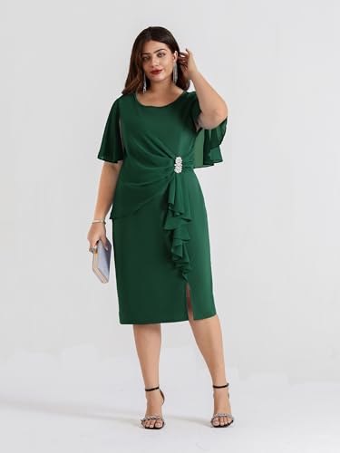 Image of Hanna Nikole Womens Plus Size Chiffon Cape Sleeve Ruffle Ruched Cocktail Party Pencil Dress for Wedding Guest
