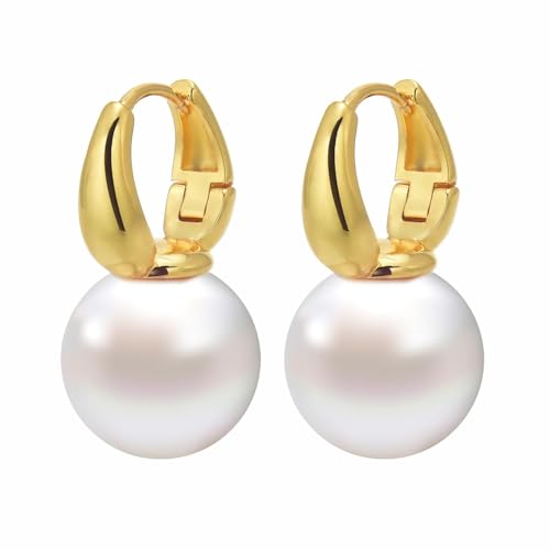 Pearl Drop Earrings, 14mm Elegant Big Pearl Earrings for Women, 14K Gold Plated Hoop Clasp, Pearl Dangle Earrings for Gift