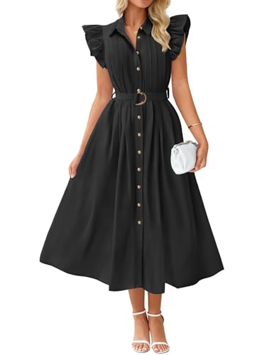 ZESICA Womens Summer Button Midi Dresses 2026 Flutter Short Sleeve