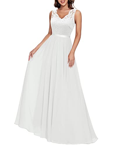 Daisyaner Women's Formal Floral Lace V-Neck Formal Dresses Evening Party Elegant Maxi Dress For Wedding Guest White L #TOP2